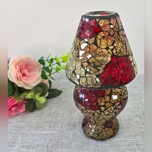 Vintage Mosaic Glass Tea Candle Lamp Red Orange Yellow 8.75" Tall